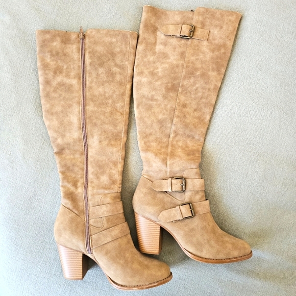JustFab Ramonia Heeled Boot 9.5W Taupe Camel 3.5" Heel Zip Knee Winter Excellent - Picture 1 of 11